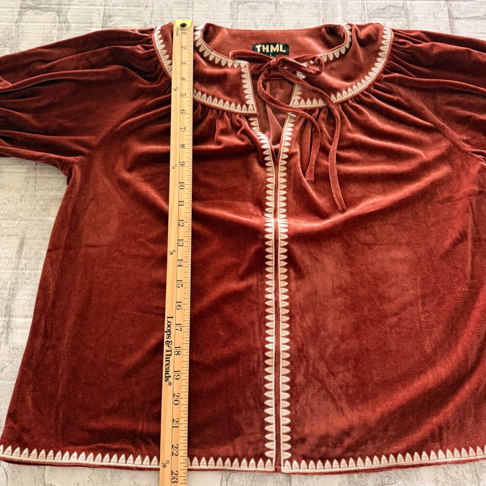 THML Rust Orange Velvet Embroidered Split Neck Tassel Peasant Blouse Top Sz S - Picture 5 of 9